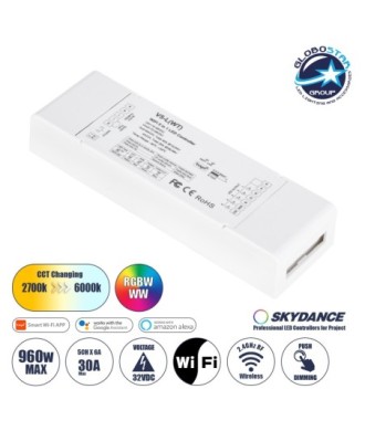 GLOBOSTAR® SKYDANCE-V5-L(WT) 71470 DC WiFi & RF 2.4Ghz & Push Dimmer - Controller με 5 x 6A 288W Κανάλια DC 12-48V 30A 1440W Max IP20 - WiFI & RF 2.4Ghz & Push Dimming - Μ18 x Π5.7 x Υ2.8cm - 5 Χρόνια Εγγύηση